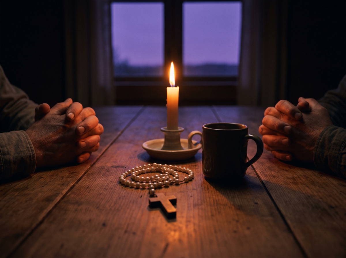 A rosary laid on a wooden table beside a cup of tea in soft evening light